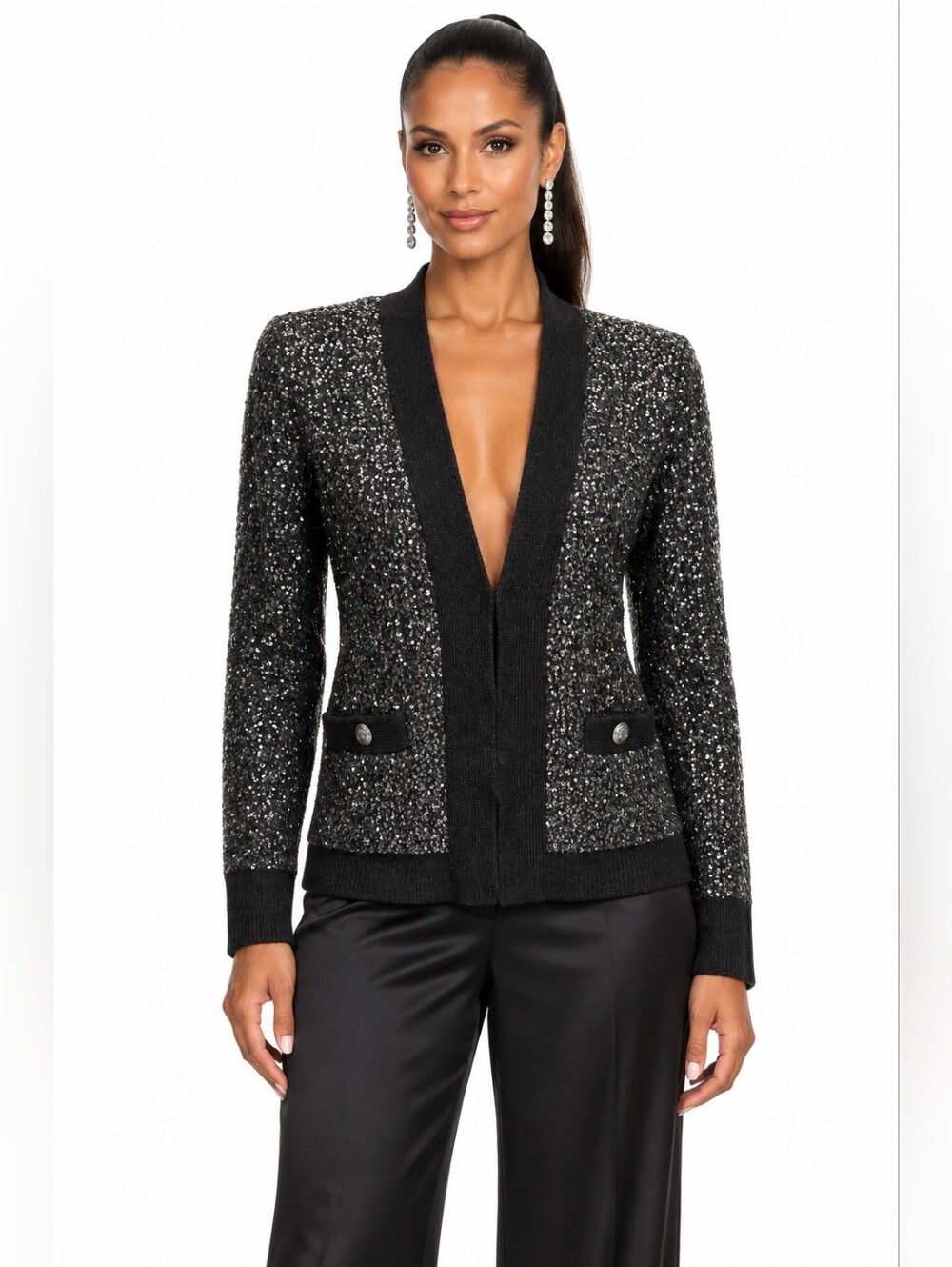 L'AGENCE Jinny Sequin Cardigan Women's M/N Black Metallic Knit Sweater $595